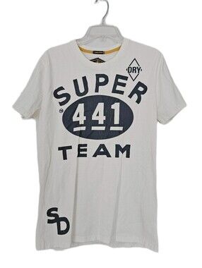 Superdry Cream and Navy 'SUPER 441 TEAM' Graphic Tee Large